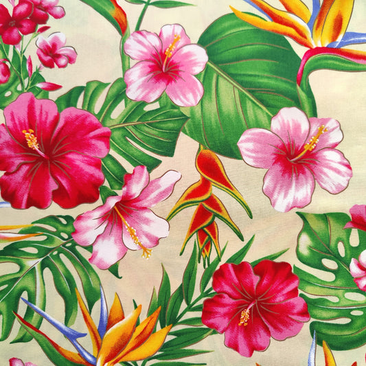 Détails tissu polynésien hibiscus et oiseaux de paradis - jaune et rose - 100% coton