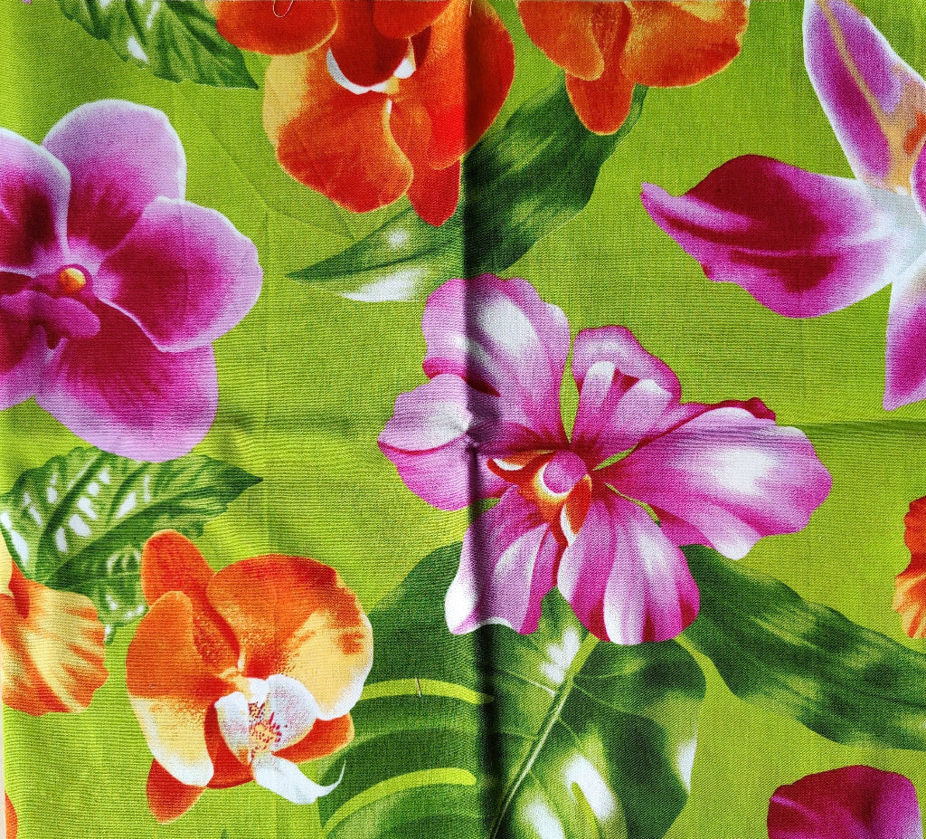 Coupon 25 x 110 cm - Tissu tahitien coton Orchidées rose et vert