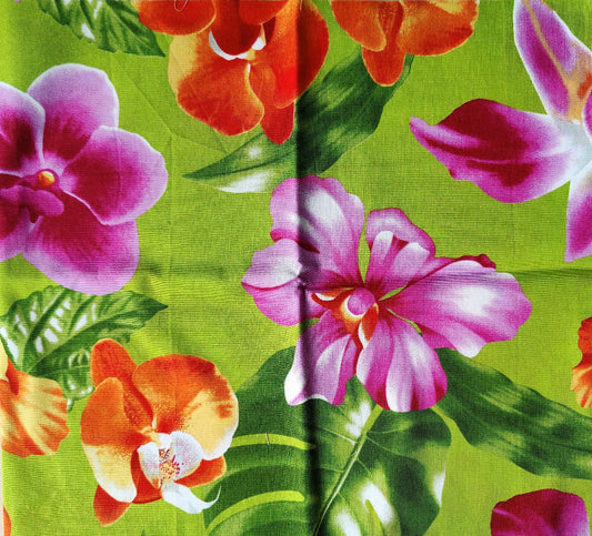 Coupon 25 x 110 cm - Tissu tahitien coton Orchidées rose et vert