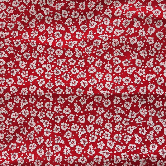 Coupon 25 x 110 cm - Tissu tahitien coton Hibiscus blancs et rouge