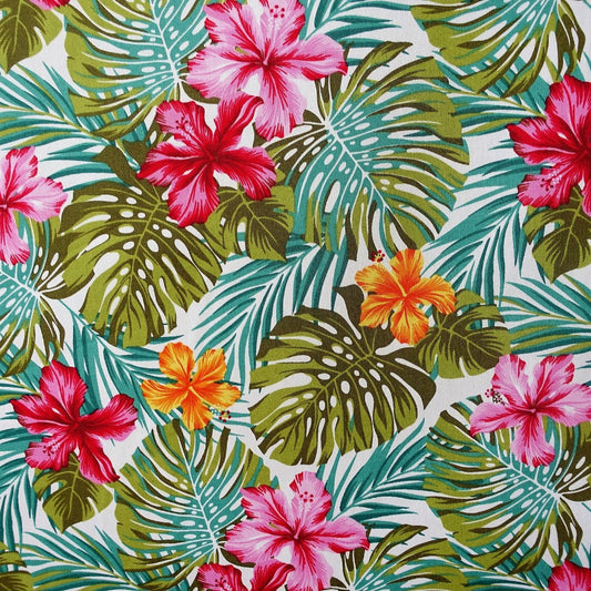 Détail motif Hibiscus rose fuschia orange et Monstera vert émeraude sur fond blanc 100% coton