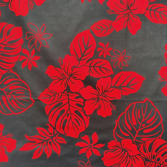Détails tissu hiscus et monstera rouge et noir - Couleurs du Fénua