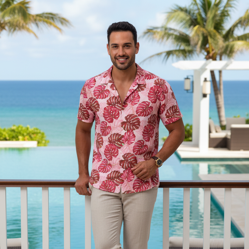 Chemise homme tissu coton monstera rose et bordeaux