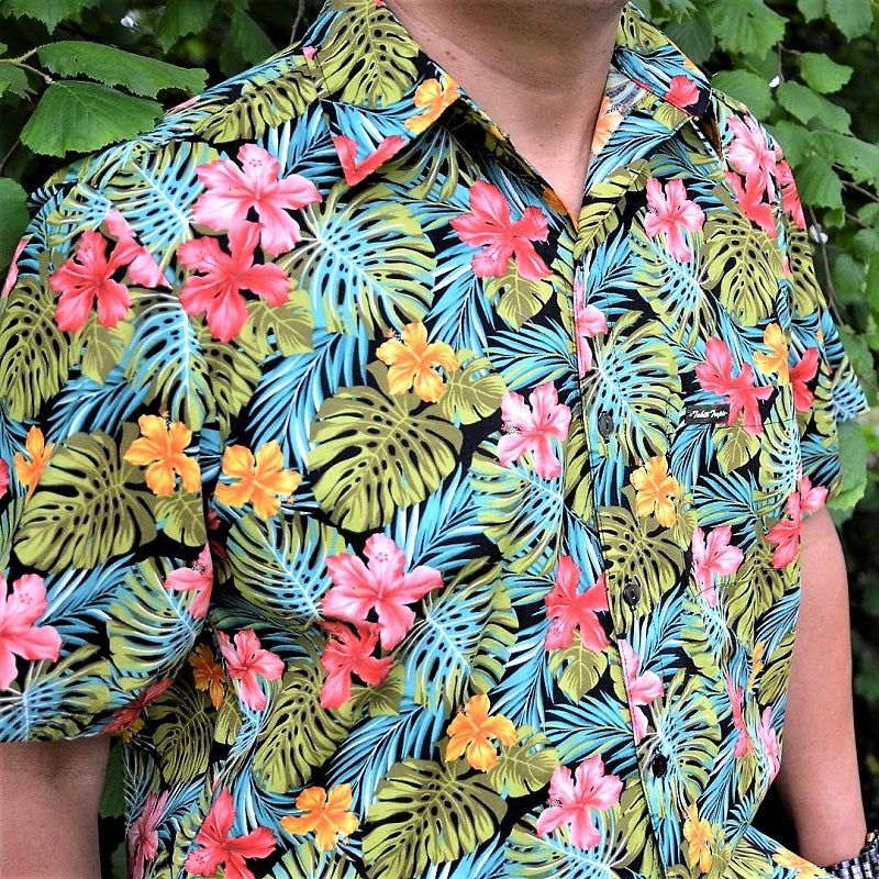 Chemise homme motif Hibiscus Monstera rose orange vert tissu coton polynésien Couleurs du Fénua