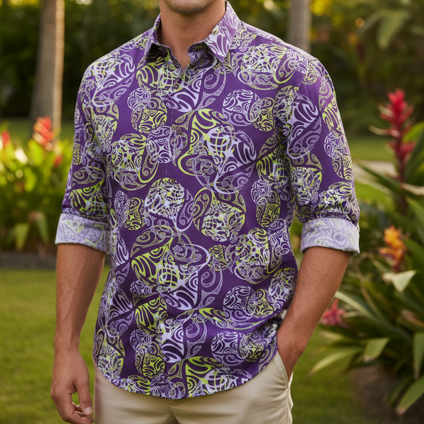 Chemise homme motif Tatouages polynésiens Raies Manta violet vert tissu coton Couleurs du Fénua