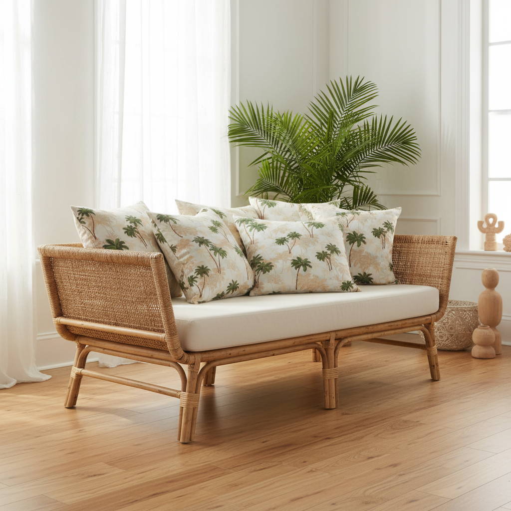 Coussins en tissu cocotiers beige et vert