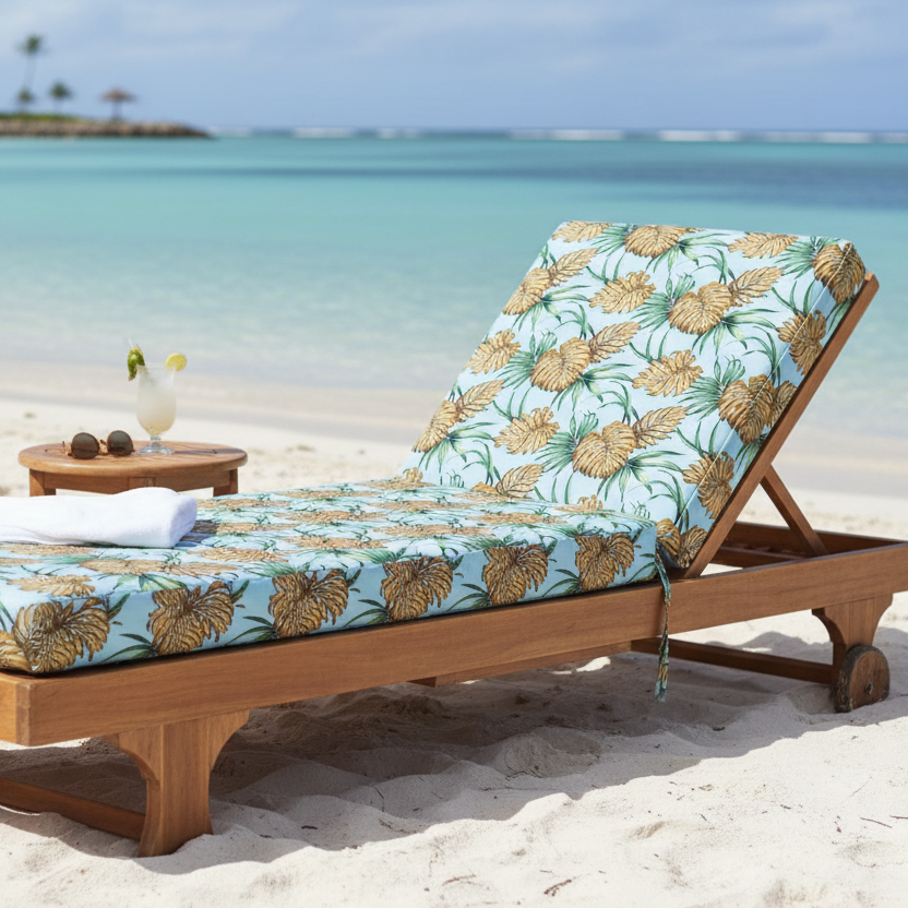 Coussins transat motif Monstera fleurs tropicales vert turquoise tissu coton polynésien Couleurs du Fénua