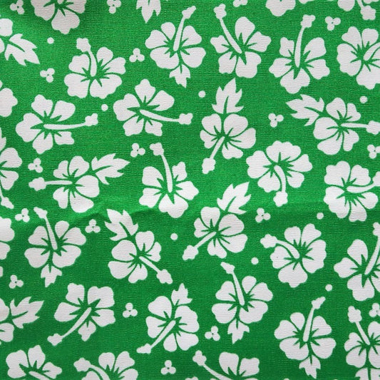 Détail motif Hibiscus blancs sur fond vert émeraude 100% coton