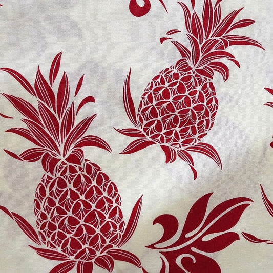 Détail motif Ananas et feuillages décoratifs rouge bordeaux sur fond blanc ivoire 100% coton