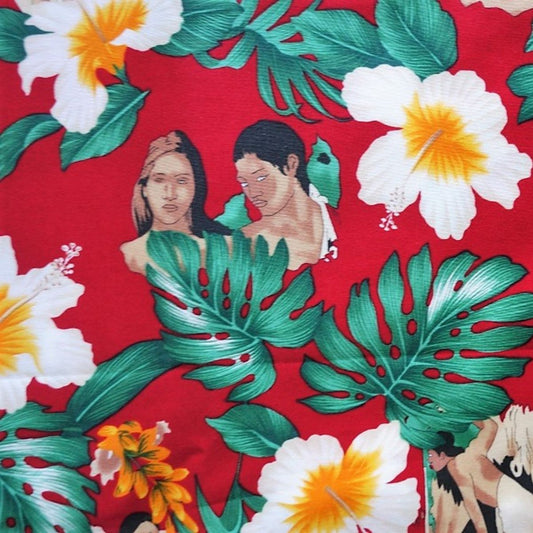 Détails tissu tahitien peinture Gauguin, hibiscus et monstera, rouge te vert