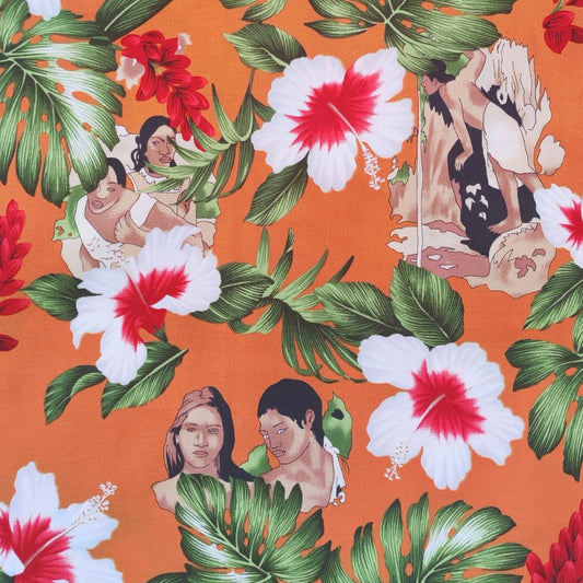 Détails tissu tahitien peinture Paul Gauguin, hibiscus et monstera - vert et orange