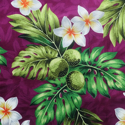 Détail motif Uru arbre à pain et Tipanié frangipaniers vert blanc sur fond violet 100% coton