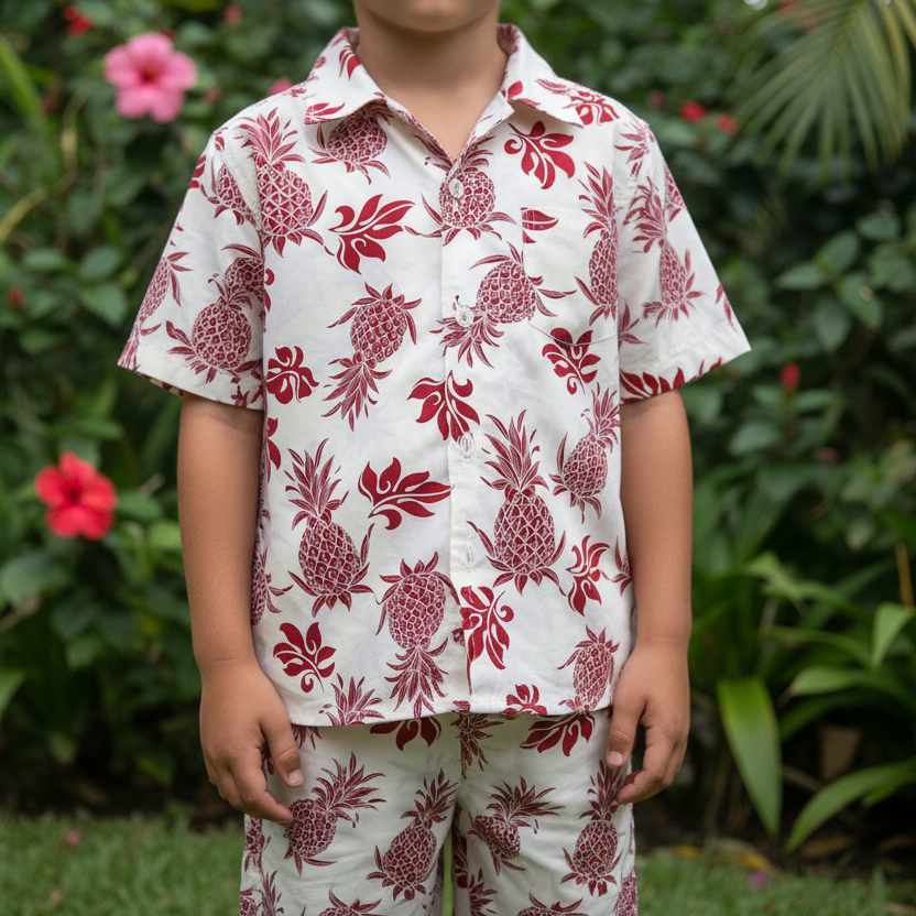 Ensemble enfant chemise et short Ananas et Feuillage rouge ivoire tissu coton - Couleurs du fénua