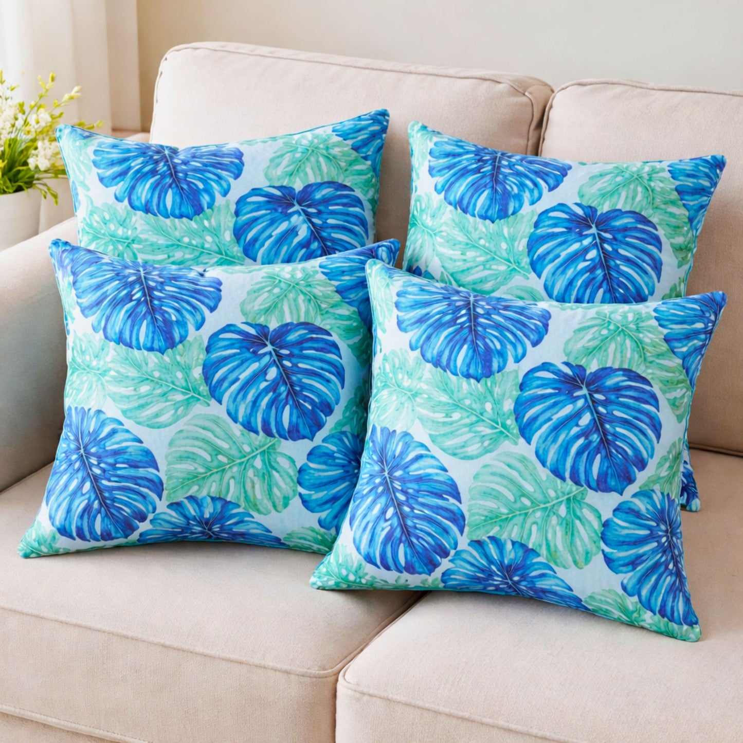 Coussins cousus motif Monstera aquarelle vert bleu tissu coton polynésien Couleurs du Fénua