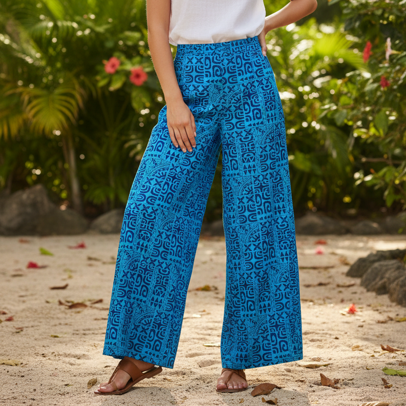 Pantalon femme motifs Tatouages polynésiens bleu indigo, tissu 100% coton - Couleurs du Fénua