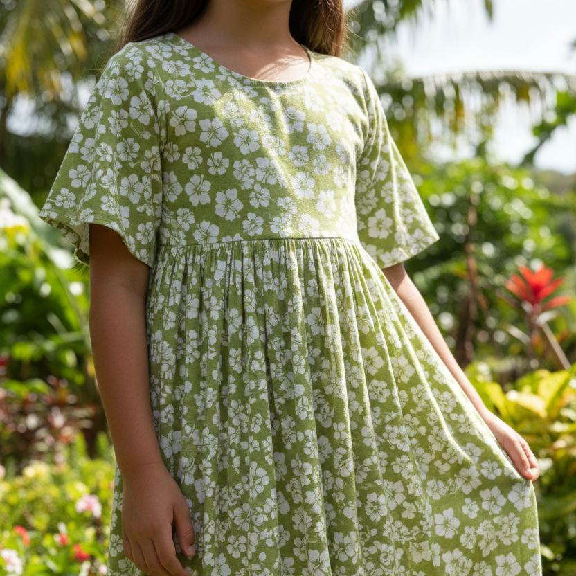 Robe femme motif Hibiscus vert olive blanc tissu coton polynésien Couleurs du Fénua