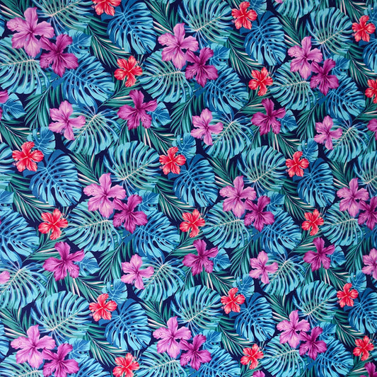 Tissu coton Hibiscus et Monstera violet bleu fond bleu nuit motifs floraux polynésiens Couleurs du Fénua