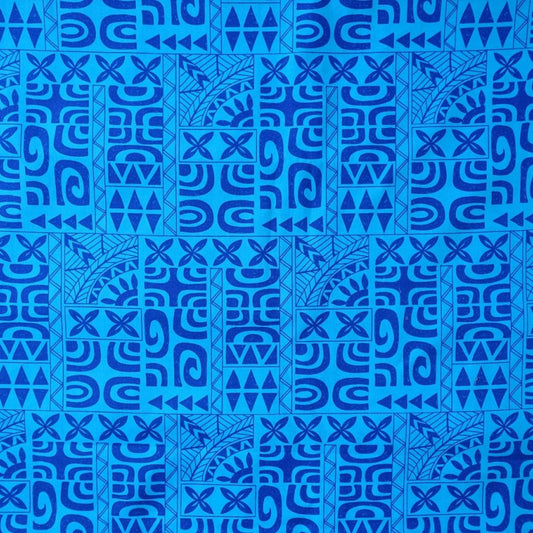 Tissu coton Tatouages polynésiens bleu indigo et ceruléen, motifs géométriques traditionnels - Couleurs du Fénua