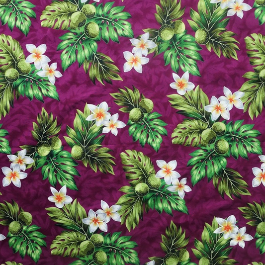 Tissu coton Uru et Tipanié violet vert blanc arbre à pain frangipaniers motifs polynésiens Couleurs du Fénua
