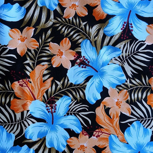 Détail motif Hibiscus bleu turquoise orange corail et fougères sur fond noir 100% coton