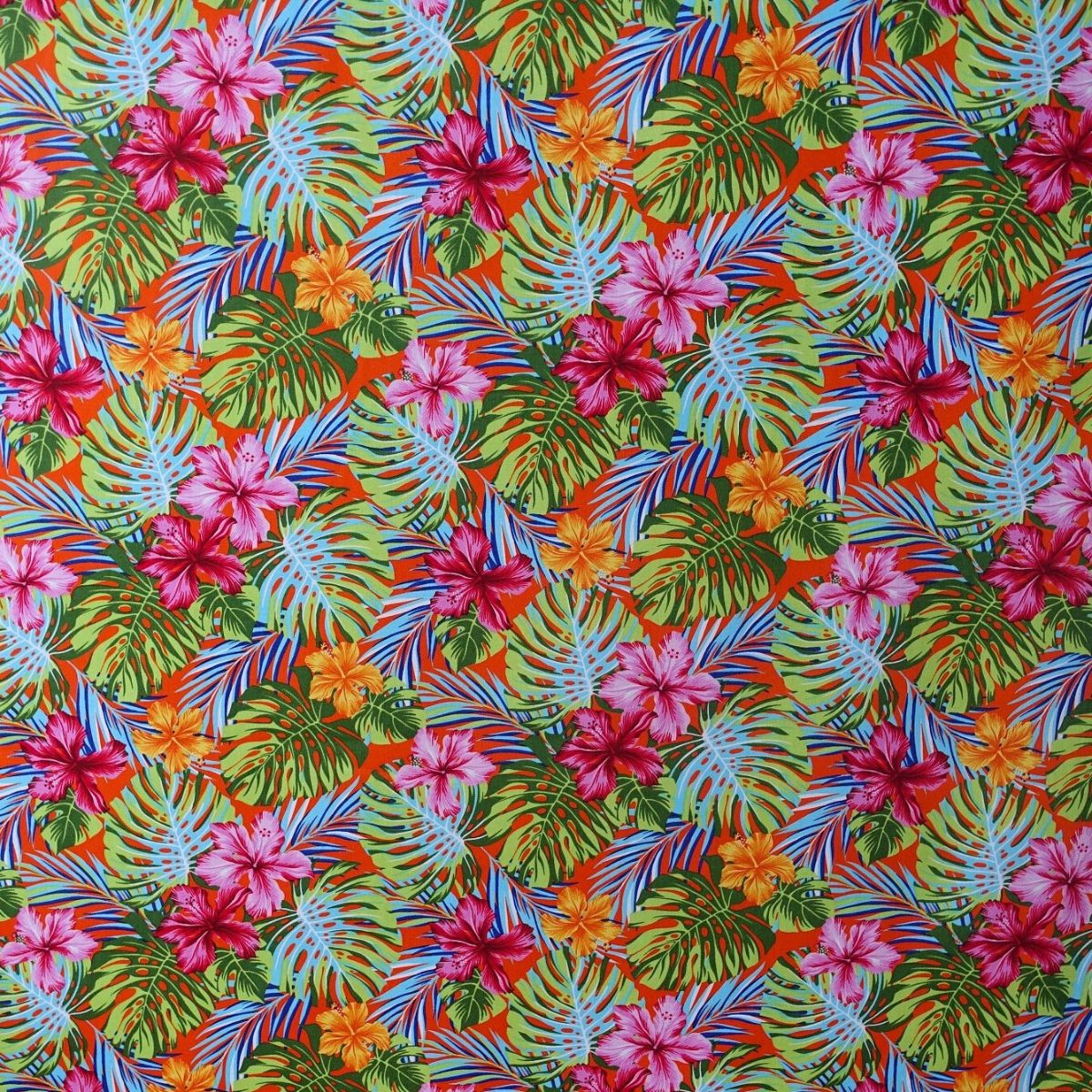 Tissu coton Hibiscus et Monstera rose orange fond orange vif motifs tropicaux polynésiens Couleurs du Fénua