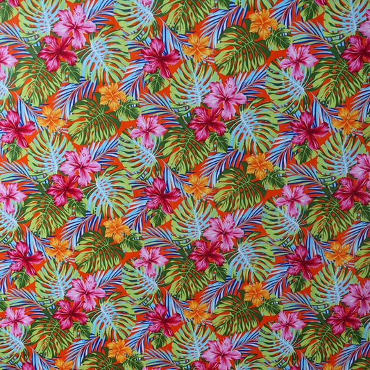 Tissu coton Hibiscus et Monstera rose orange fond orange vif motifs tropicaux polynésiens Couleurs du Fénua