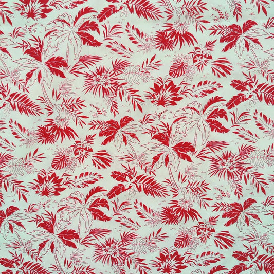 Tissu tahitien en coton, cocotiers et feuillages rouge et beige. Edition limitée