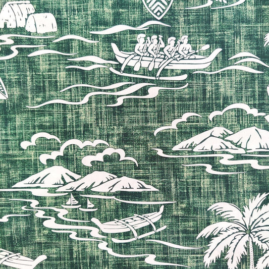 Détails tissu tahitien en coton, paysages polynésiens 4 hommes dans une pirogue couleur vert et blanc