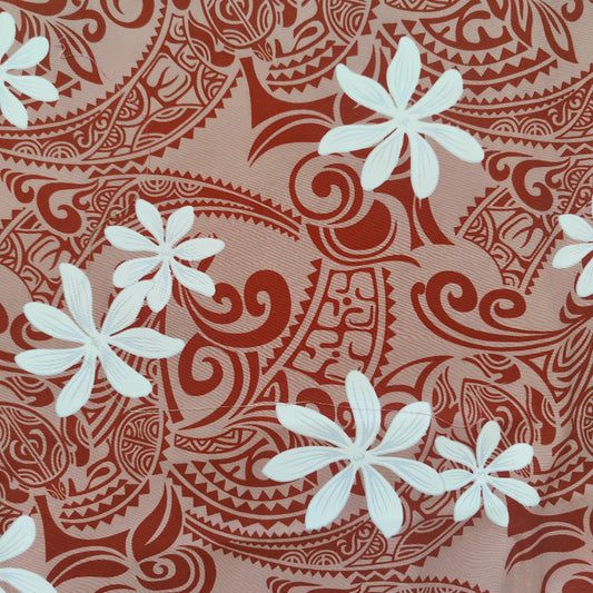 Tissu tahitien en coton avec des motifs tatouages et tiaré blanc et marron -Métrage limité