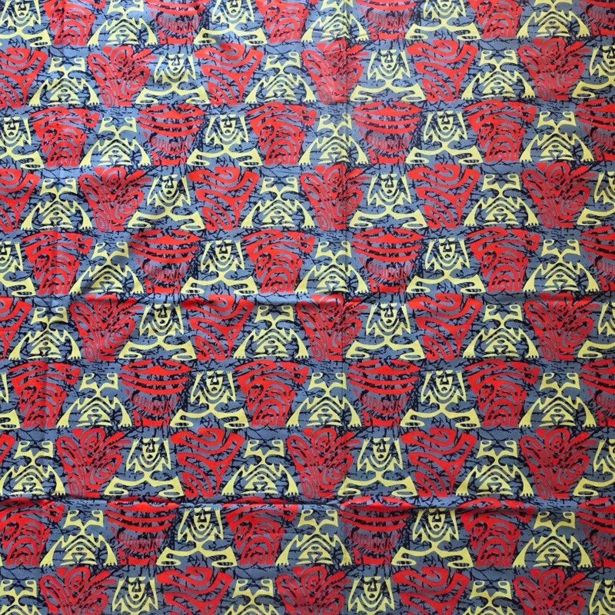 Coupon 25 x 110 cm - Tissu tahitien coton Tiki stylisé jaune et rouge