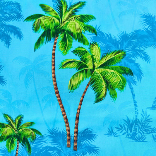 détails tissu polynésien cocotiers bleu turquoise et vert
