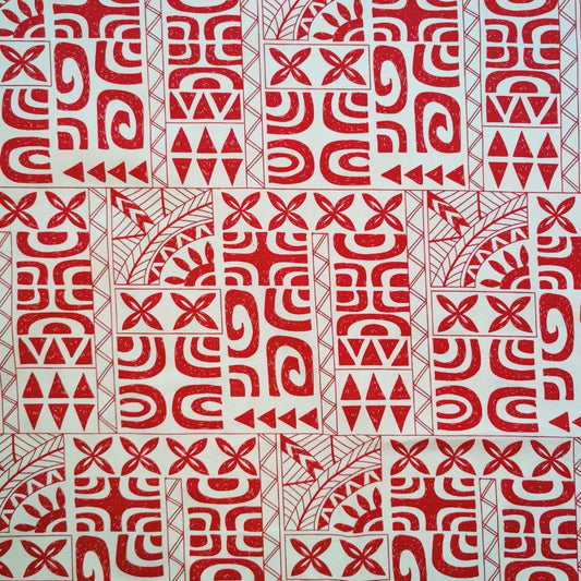 Tissu tahitien motifs tatouages marquisiens rouge et blanc