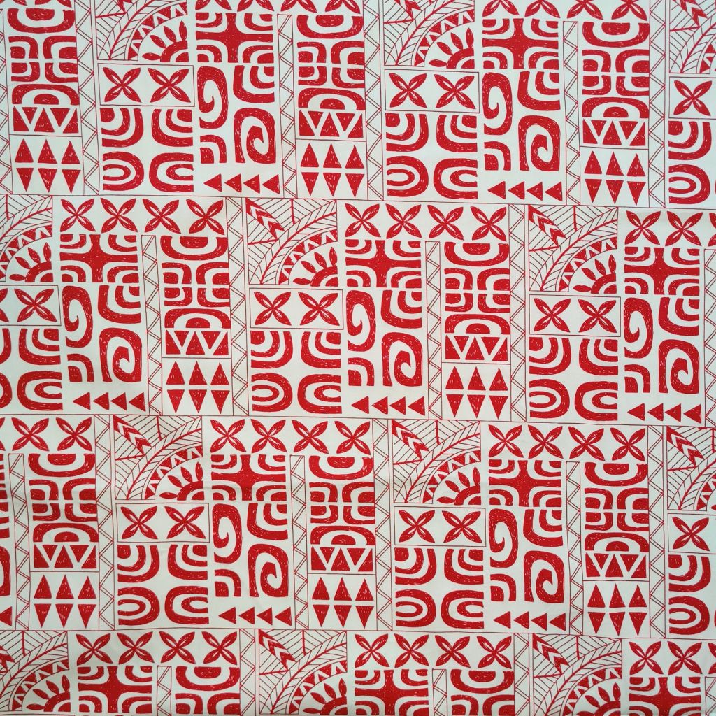 Tissu tahitien en coton tatouages polynésiens rouge et blanc