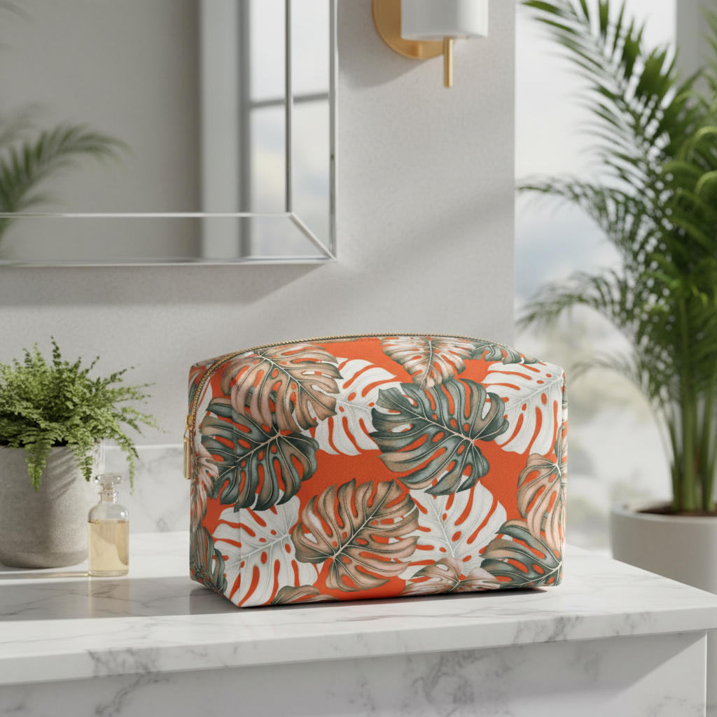 Trousse de toilette motif Monstera aquarelle vert orange tissu coton polynésien Couleurs du Fénua