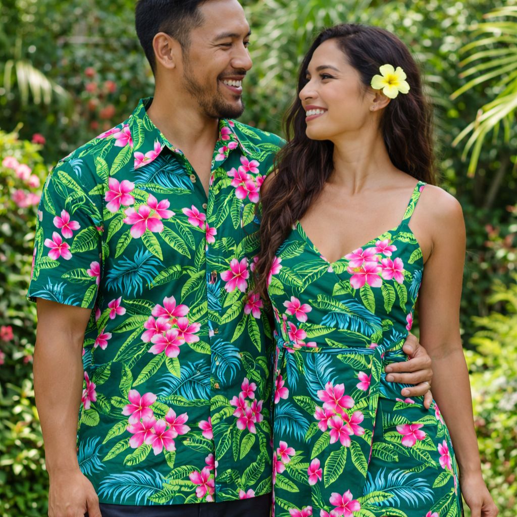 Tissu tahitien fibranne Frangipaniers - rose et vert