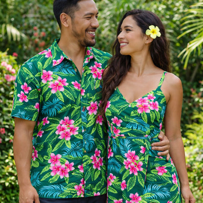 Tissu tahitien fibranne Frangipaniers - rose et vert