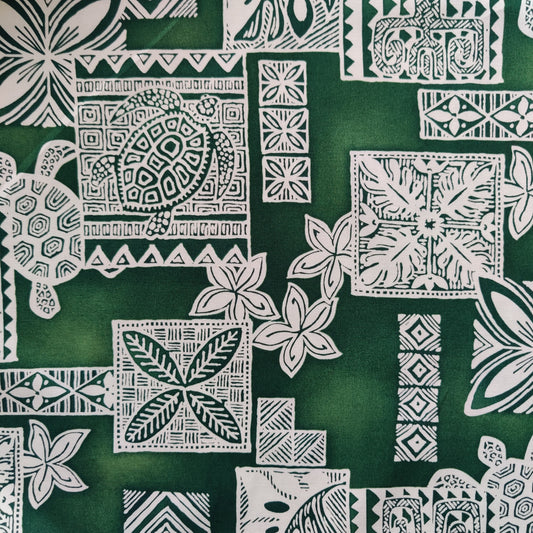 Détails-tissu coton Tapa et Tortues polynésiennes vert blanc motifs traditionnels honu Couleurs du Fénua