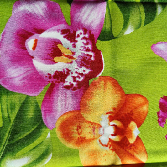 Coupon 25 x 110 cm - Tissu tahitien coton Orchidées rose et vert