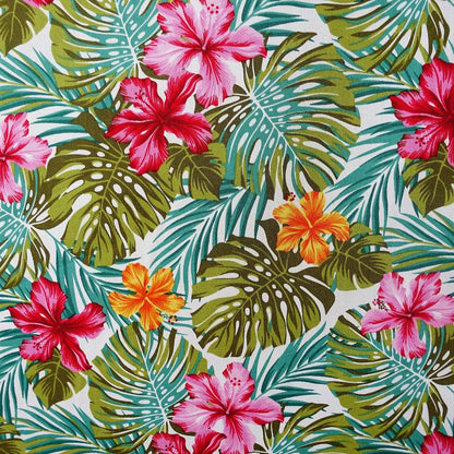 Détail motif Hibiscus rose fuschia orange et Monstera vert émeraude sur fond blanc 100% coton