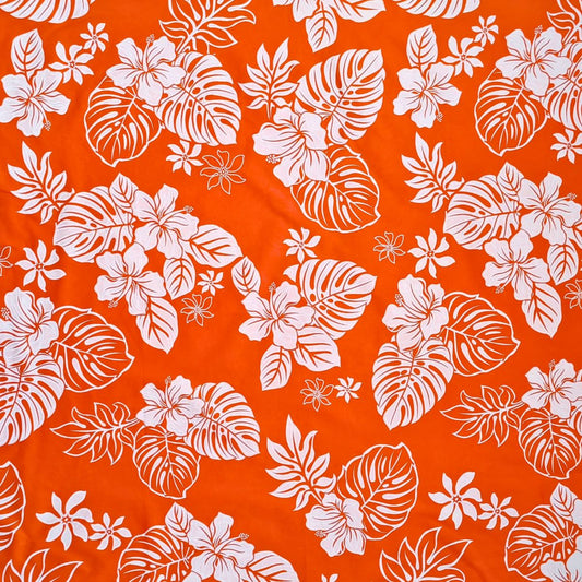 Tissu coton hibiscus et monstera orange et blanc - Couleurs du Fénua