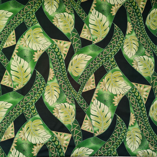 Tissu polynésien en coton vert et beige, monsteras stylisés et tatouages géométriques - Couleurs du Fénua