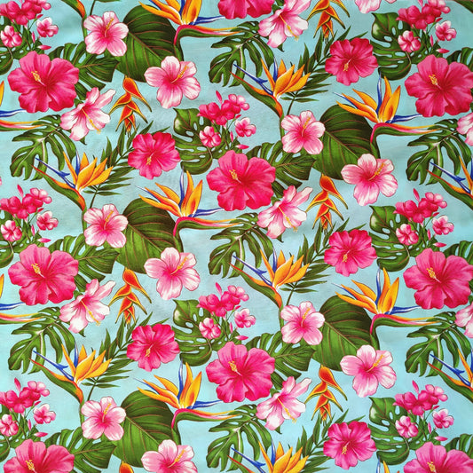 Tissu polynésiens en coton tropical - motifs oiseaux de paradis et hibiscus - bleu et rose