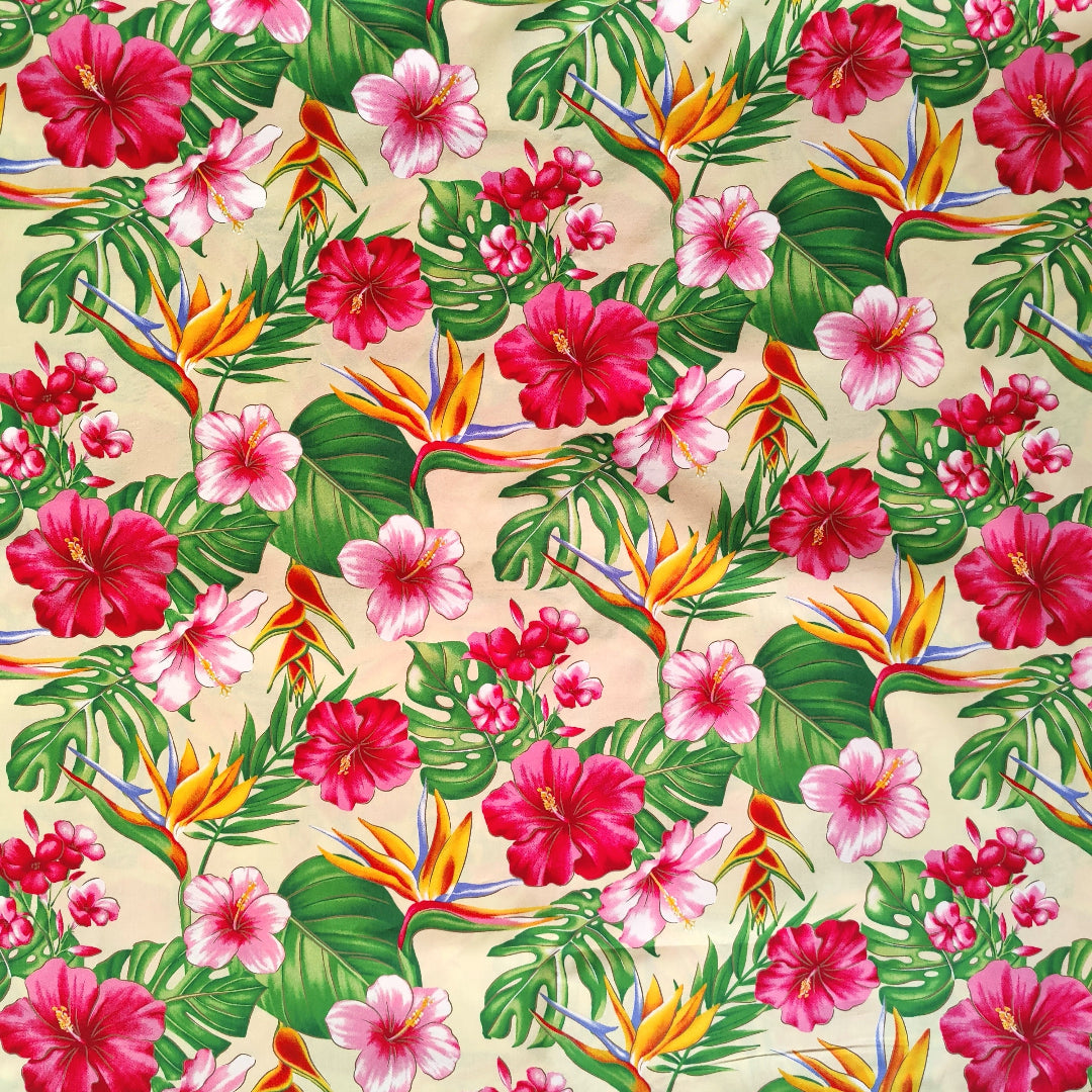 Tissu polynésien hibiscus et oiseaux de paradis - jaune et rose - 100% coton