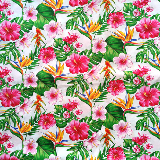 Tissu tahitien tropical hibiscus et oiseaux paradis blanc et rose