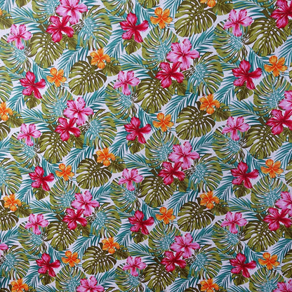 Tissu coton Hibiscus et Monstera rose vert blanc motifs tropicaux polynésiens Couleurs du Fénua