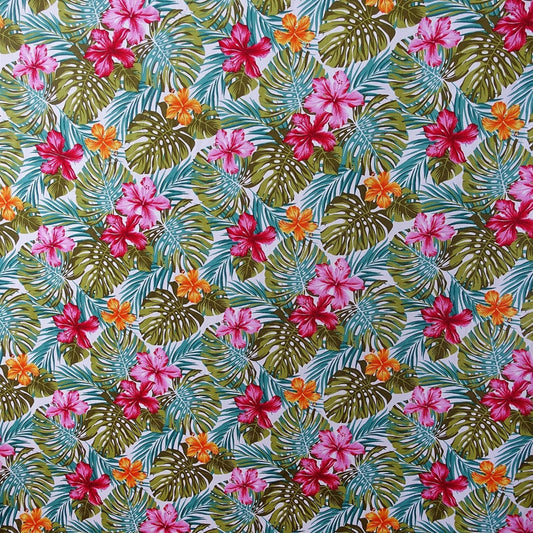 Tissu coton Hibiscus et Monstera rose vert blanc motifs tropicaux polynésiens Couleurs du Fénua