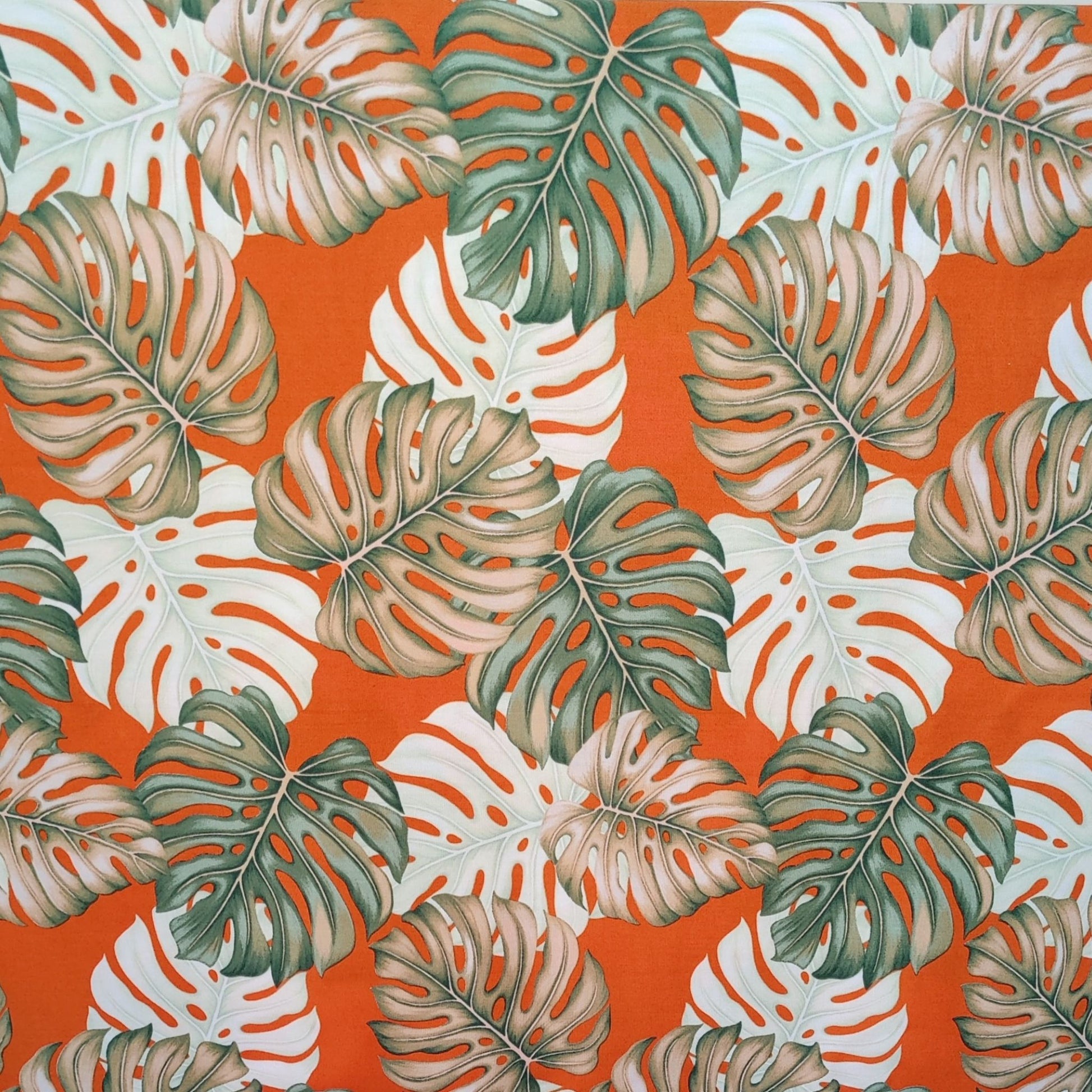 Tissu coton Monstera aquarelle vert orange beige motifs tropicaux polynésiens Couleurs du Fénua