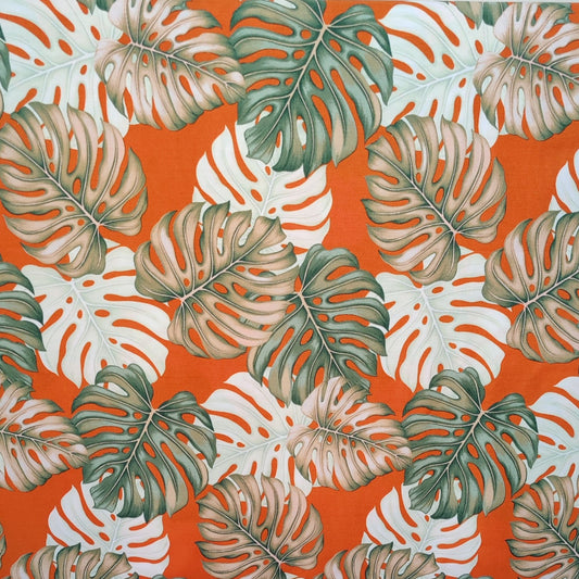Tissu coton Monstera aquarelle vert orange beige motifs tropicaux polynésiens Couleurs du Fénua