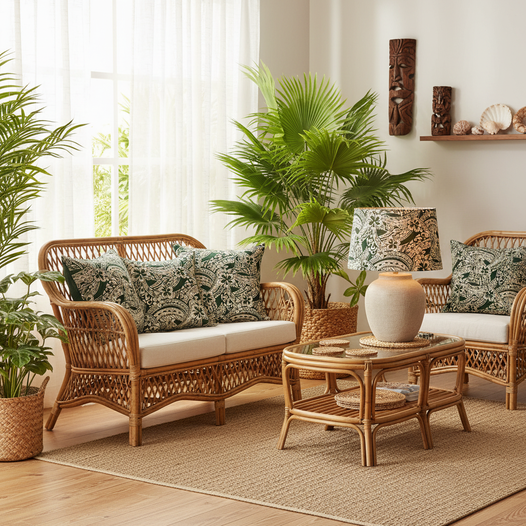 Décoration intérieure tropicale avec abat-jour et coussins en tissu coton polynésien vert et beige - motifs hibiscus et tatouages - Couleurs du Fénua