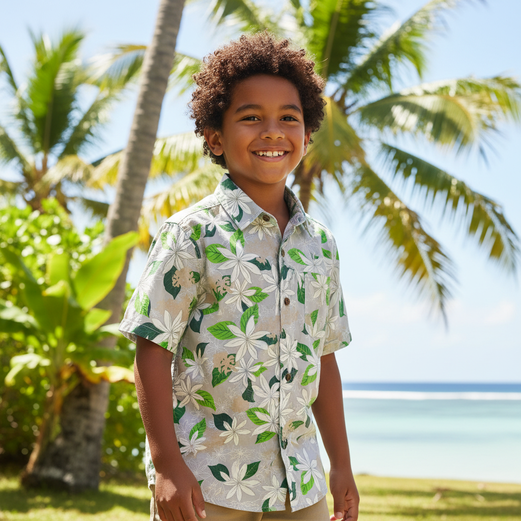 Chemise garçon en tissu tahitien motifs fleurs de tiaré blanches sur fond gris perle - Couleurs du Fénua